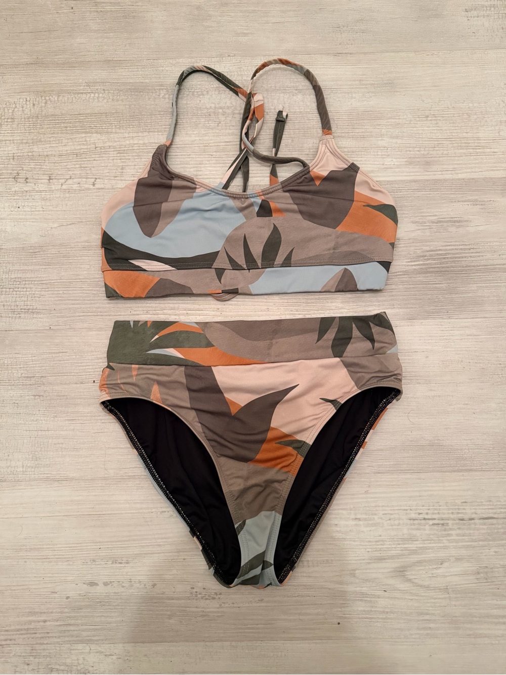 High-Waist Tropical Print Bikini Set in Multicolor Leaf